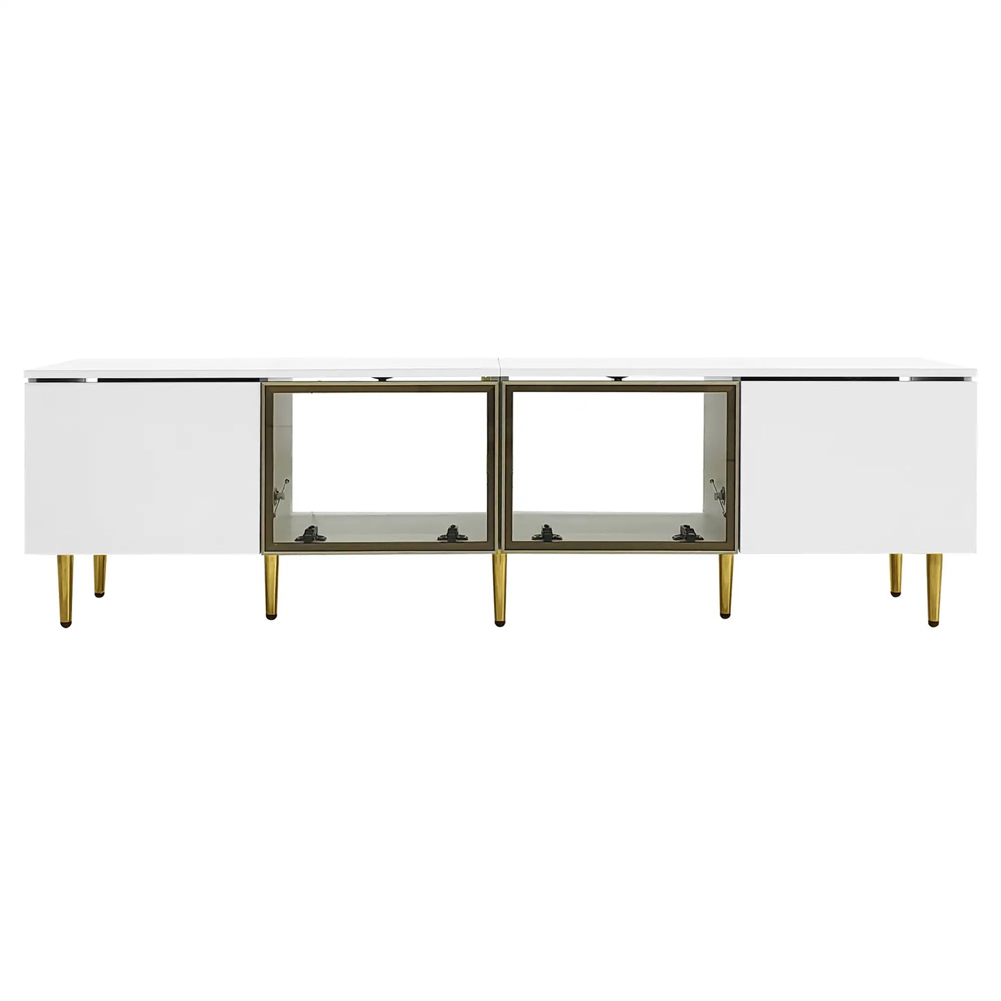TV Stand, 4 Doors, Handles, Tempered Glass, LED Light, 67" L x 14.5" W x 18.5" H, White+Gold TV Stands White, Gold at Gallery Canada