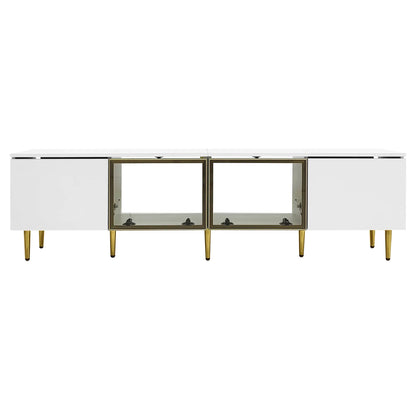 TV Stand, 4 Doors, Handles, Tempered Glass, LED Light, 67" L x 14.5" W x 18.5" H, White+Gold TV Stands White, Gold at Gallery Canada