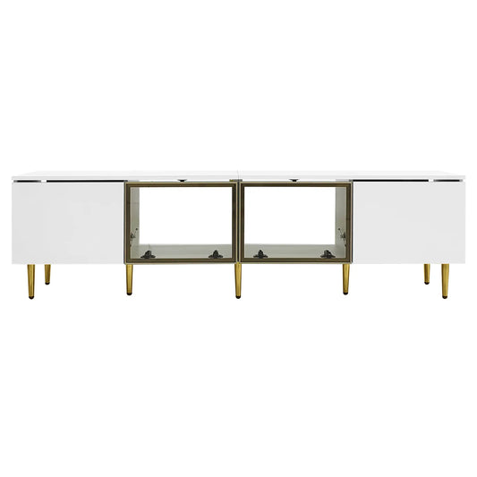 TV Stand, 4 Doors, Handles, Tempered Glass, LED Light, 67" L x 14.5" W x 18.5" H, White+Gold TV Stands White, Gold at Gallery Canada