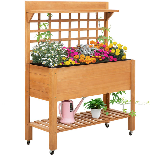41.25"x15.75"x53.25" Wooden Planter Raised Elevated Garden Bed Planter Flower Herb Boxes for Vegetables Flower with Shelf and Wheels Solid Wood Outdoor/Indoor - Gallery Canada