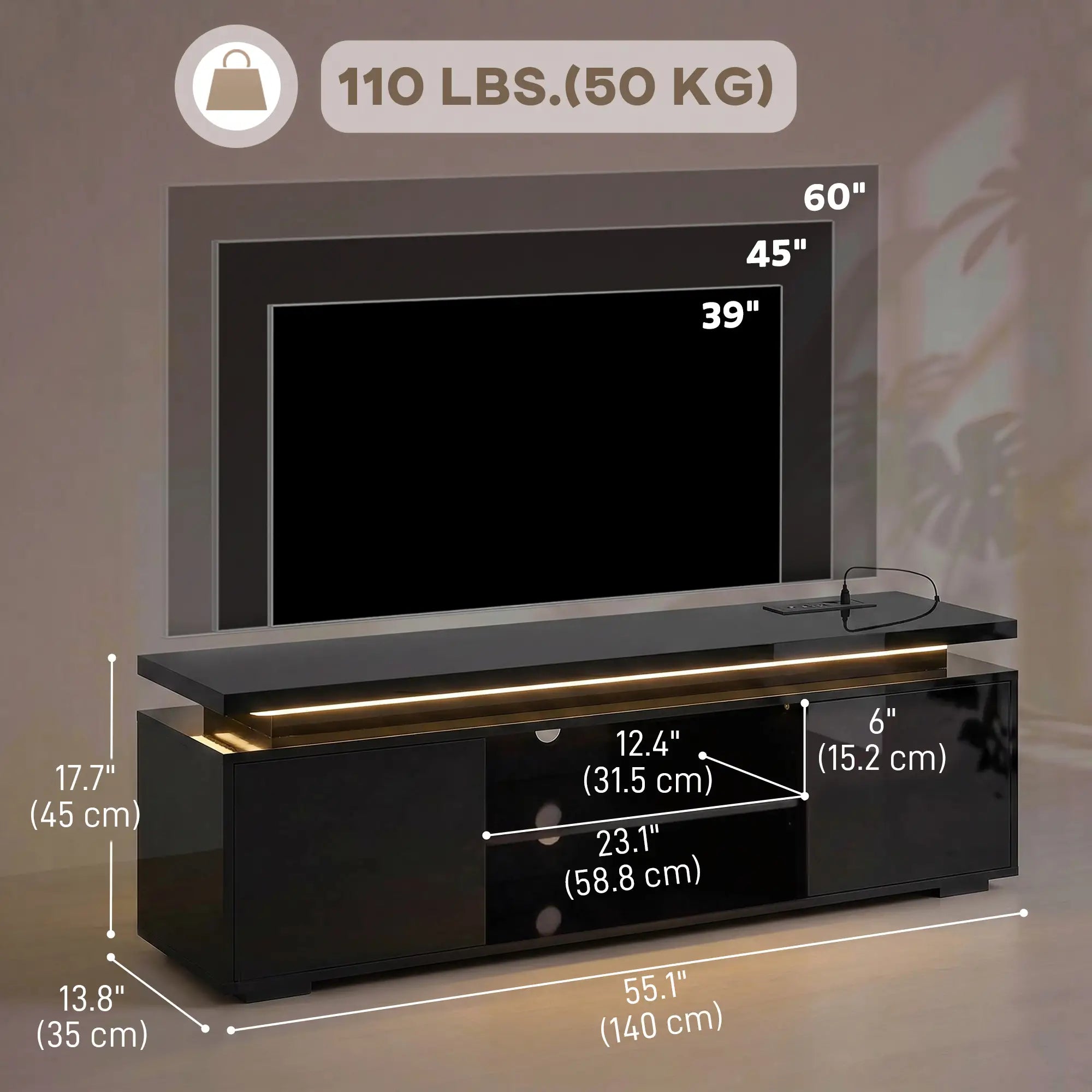 TV Stand For TVs Up To 60 Inch, Modern Entertainment Center With LED Lights, LED Lights TV Stands at Gallery Canada