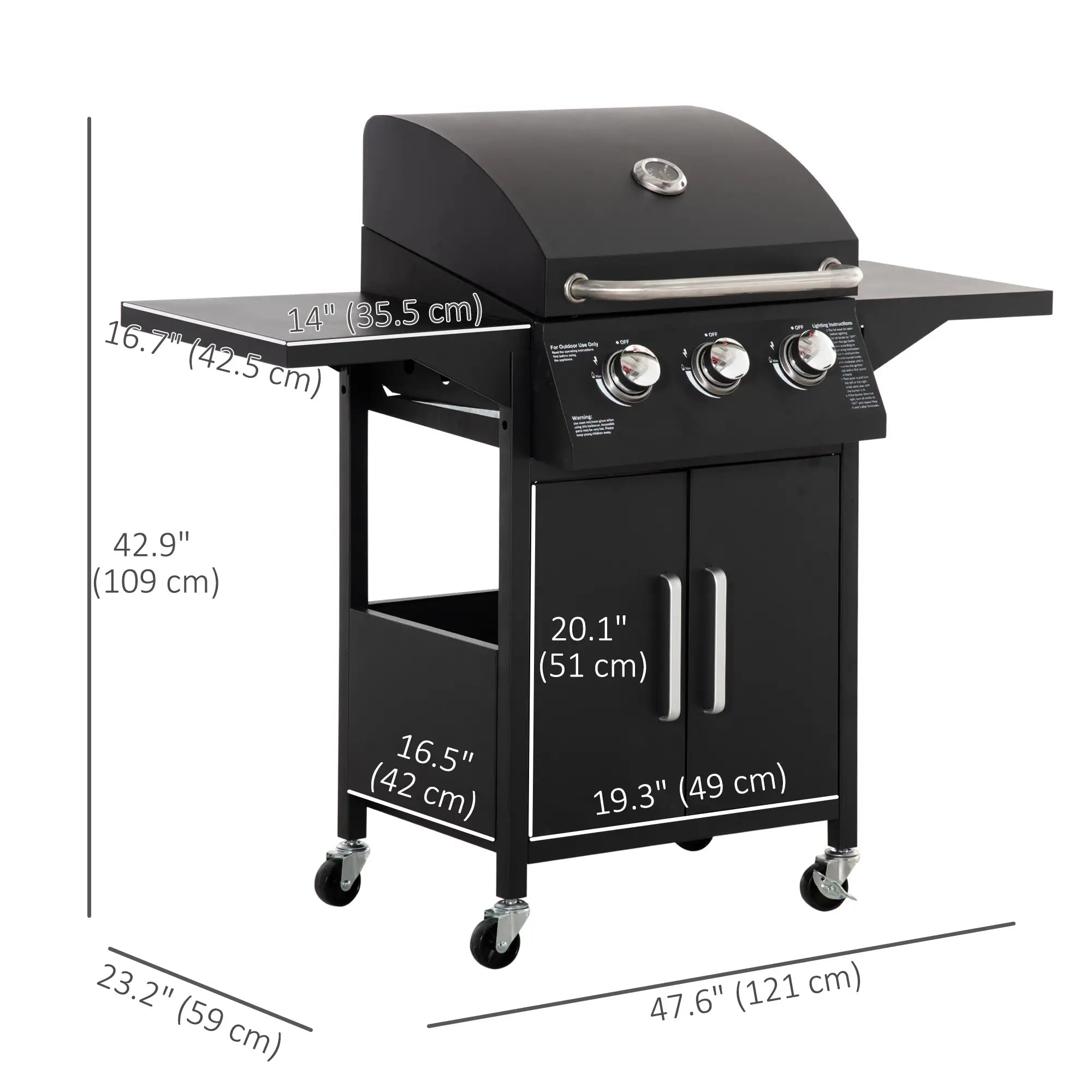 3 Burner Portable Gas Grill, With Wheels And Warming Rack, Black Propane Gas Grills at Gallery Canada