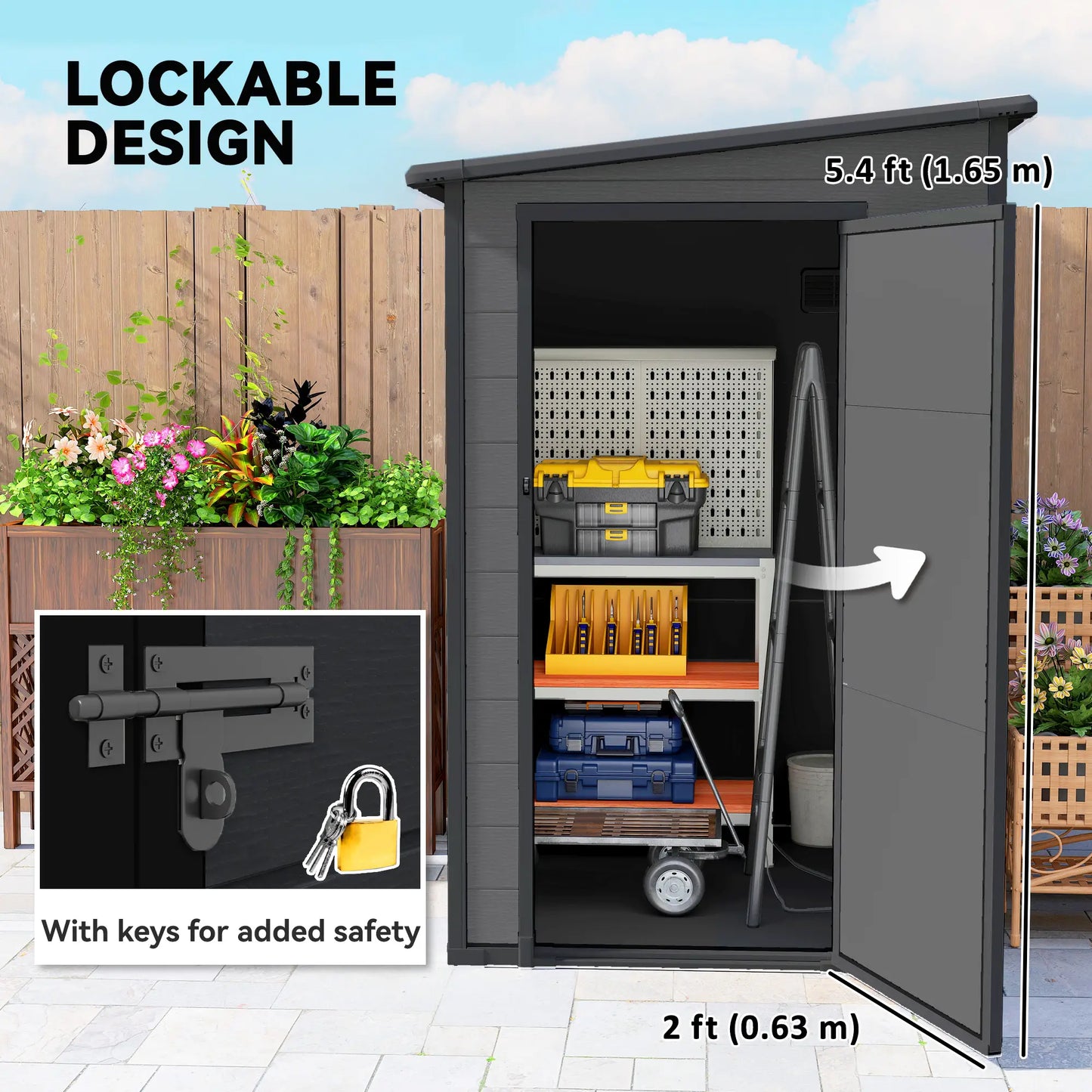 4'x5' Dark Grey Garden Storage Shed, Lockable Tool House, Dark Grey Sheds at Gallery Canada