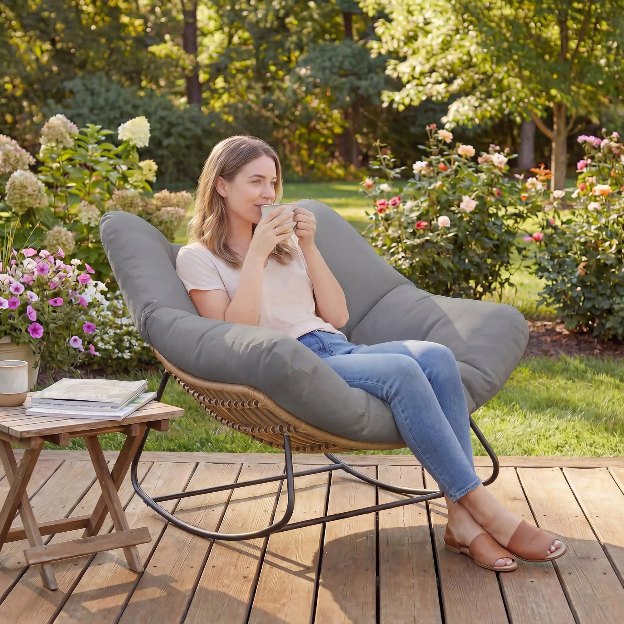 Papasan Rocking Chair, Oversized With Cushion, Grey Outdoor Rocking Chairs at Gallery Canada