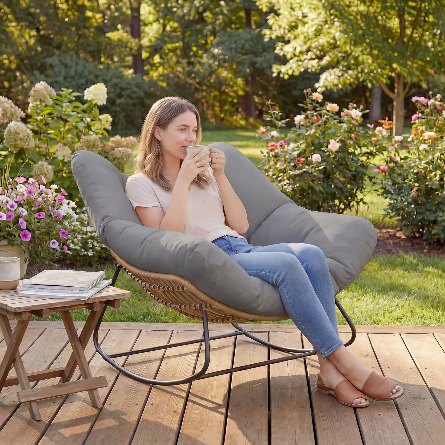 Papasan Rocking Chair, Oversized With Cushion, Grey Outdoor Rocking Chairs at Gallery Canada