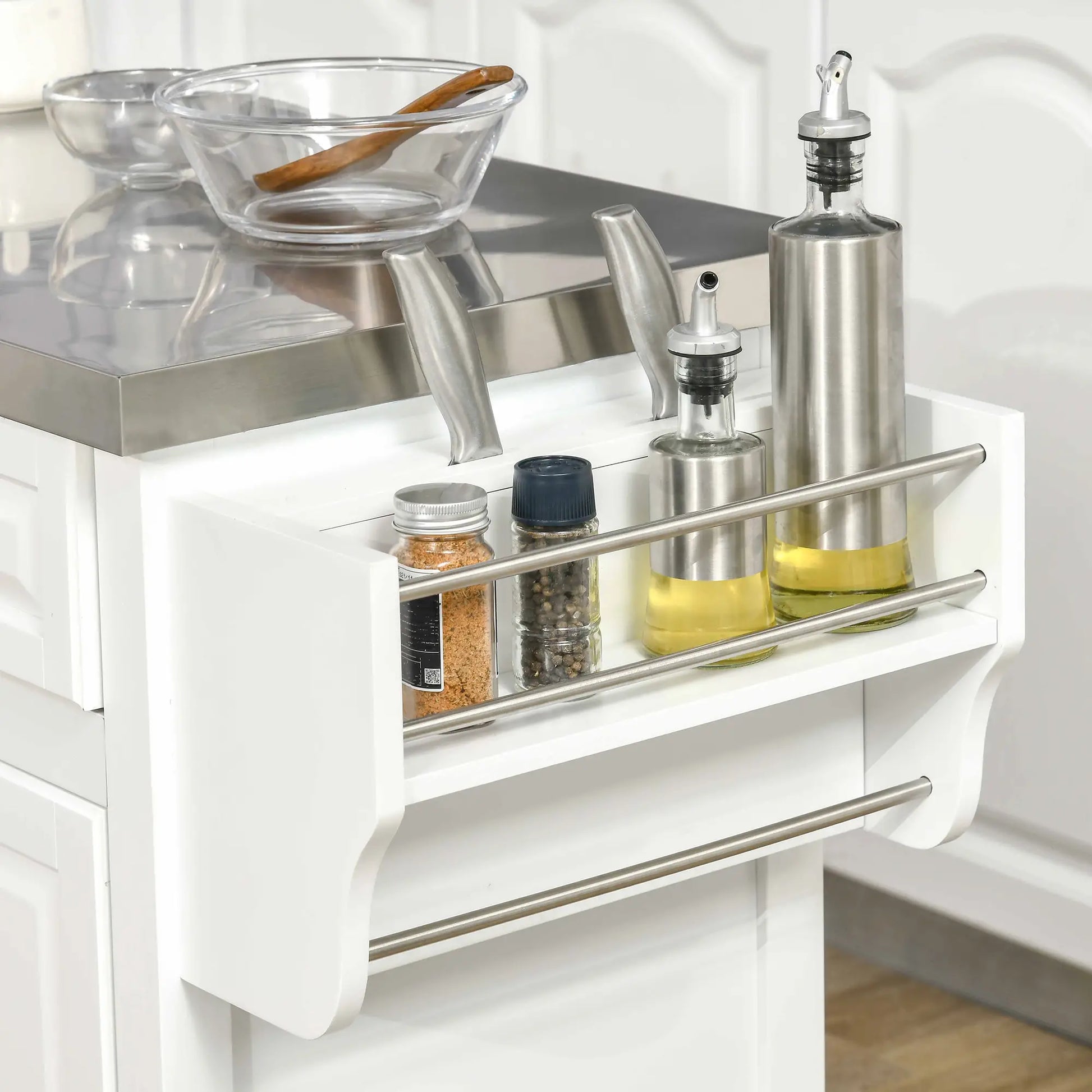Kitchen Island on Wheels, Stainless Steel Top, Spice Rack, Drawers, White Kitchen Islands & Kitchen Carts at Gallery Canada