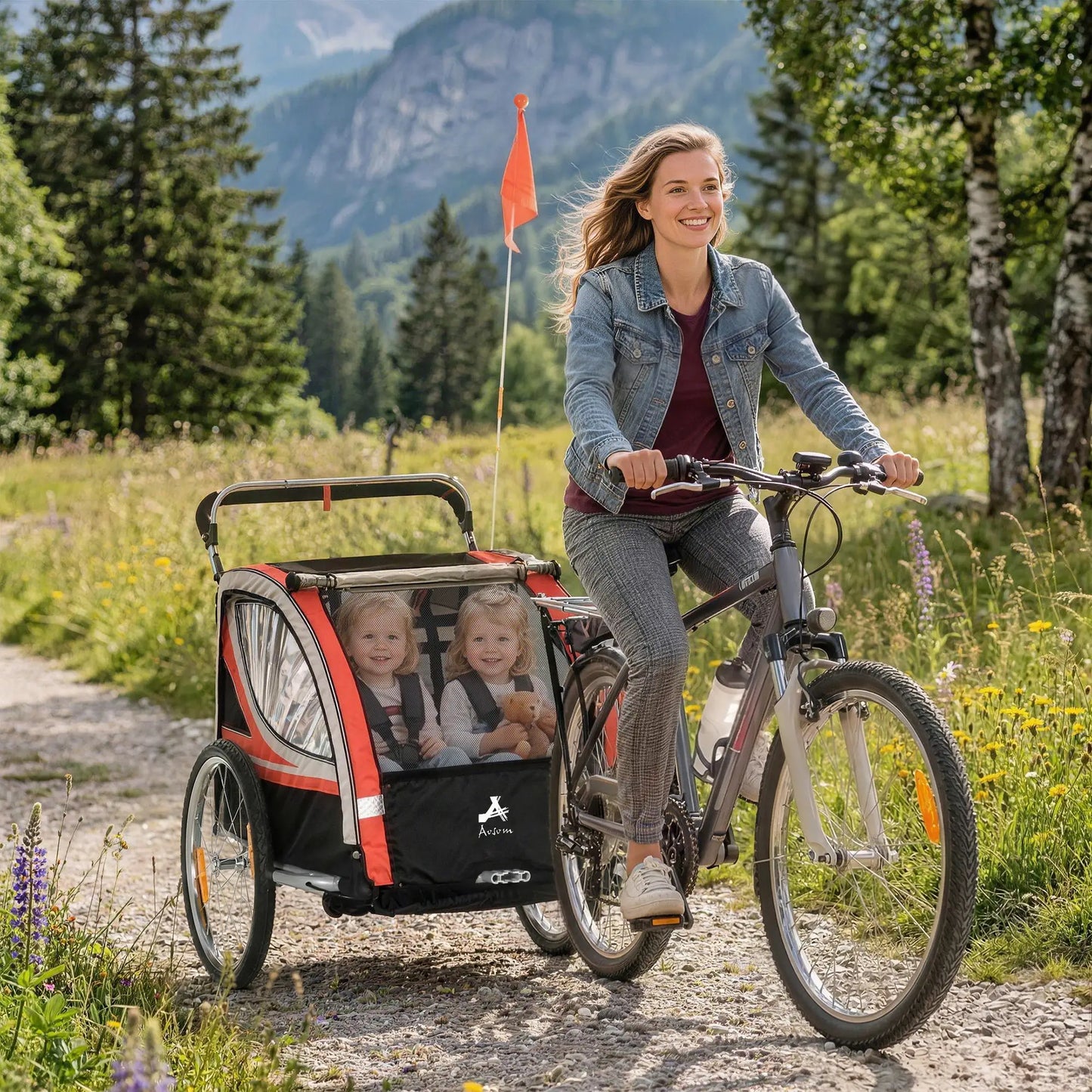 2 Seat Bike Trailer, Double Jogging Stroller, Handbrake, Red Kids Bike Trailers at Gallery Canada