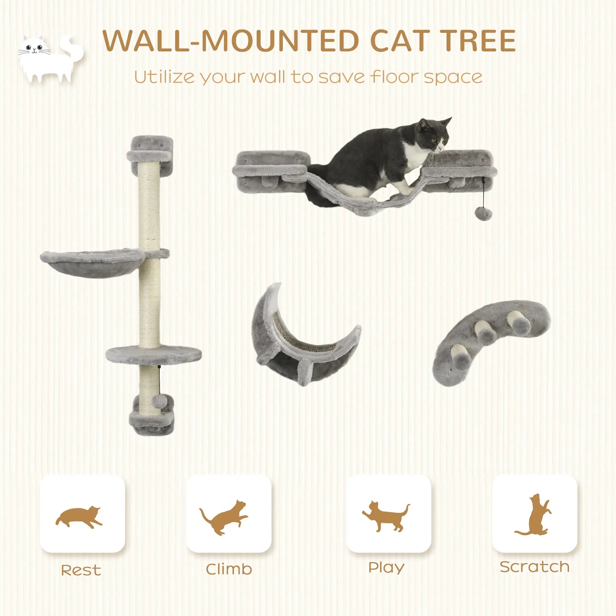 4Pcs Cat Wall Shelf with Scratching Post, Soft Ladder, Hammock, Grey Cat Climbing Wall at Gallery Canada