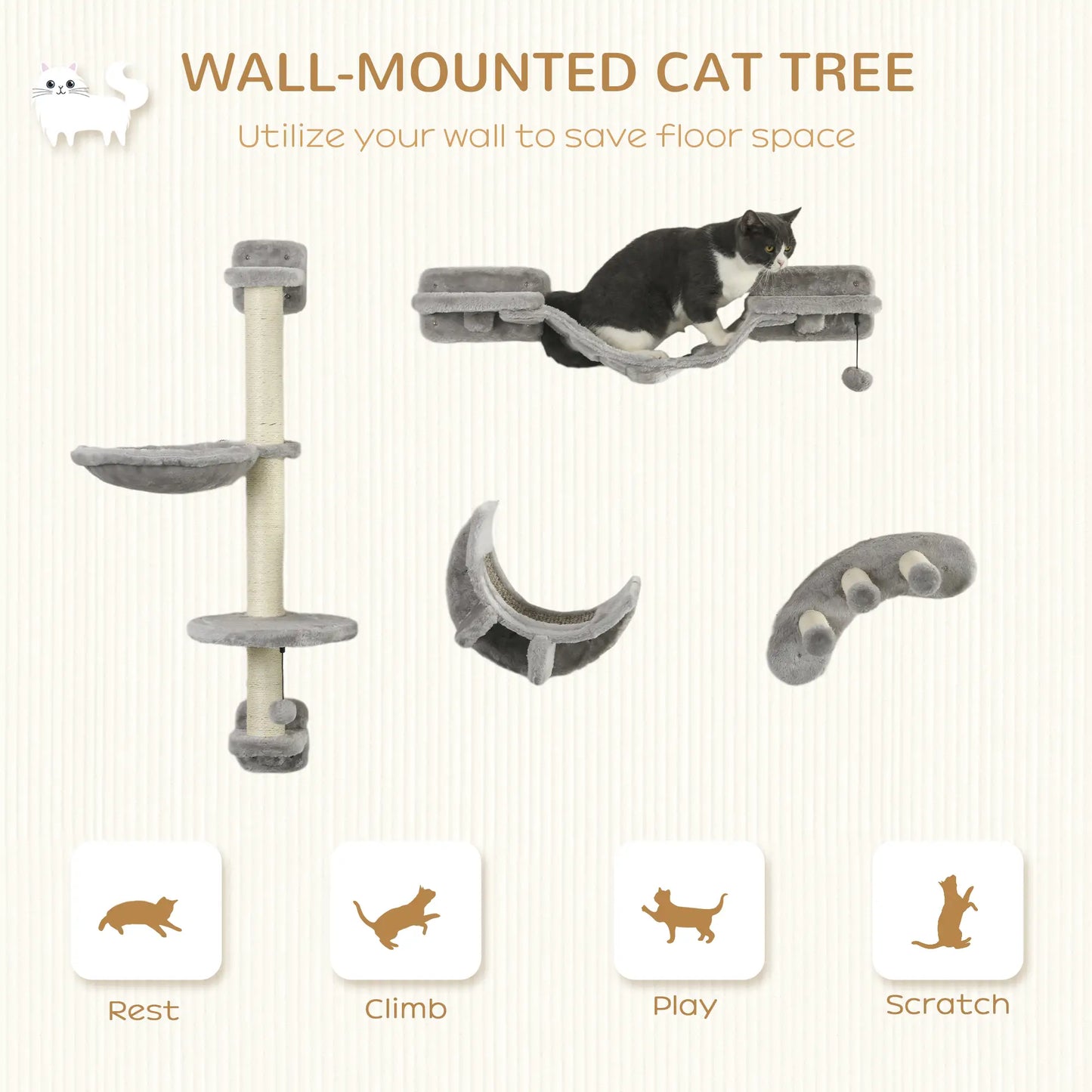 4Pcs Cat Wall Shelf with Scratching Post, Soft Ladder, Hammock, Grey Cat Climbing Wall at Gallery Canada