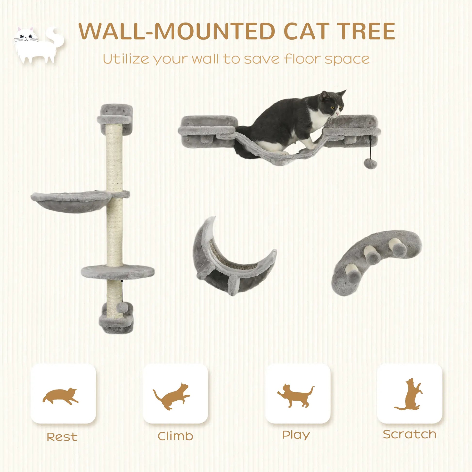 4Pcs Cat Wall Shelf with Scratching Post, Soft Ladder, Hammock, Grey Cat Climbing Wall at Gallery Canada