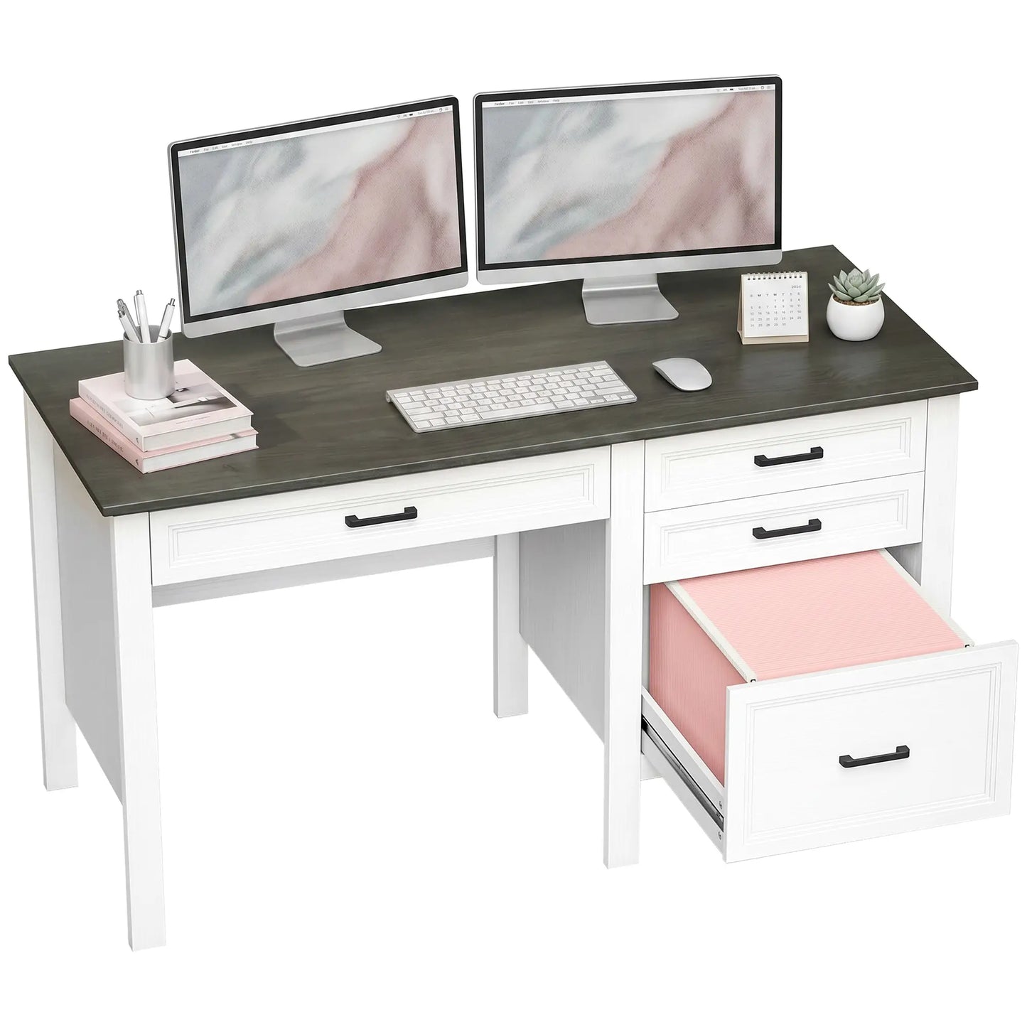 54" Farmhouse Executive Desk, Computer Desk With Drawers, White Computer Desks at Gallery Canada