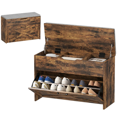 Shoe Storage Bench with Flip Drawer, Lift Top, Seat Cushion, Rustic Brown