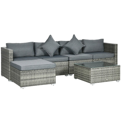 6-Piece Outdoor PE Rattan Sofa Set, Thick Cushions, Glass Top Table, Mixed, Grey