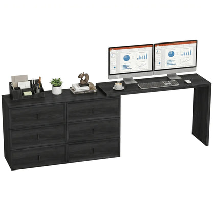 L Shaped Computer Desk, 6 Drawers, Wood Grain, Black Computer Desks Black Wood Grain at Gallery Canada