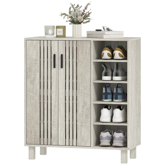 Shoe Storage with Double Doors, Open Shelves, 17 Pair, Light Grey Shoe Storage Cabinets & Racks Light Grey at Gallery Canada