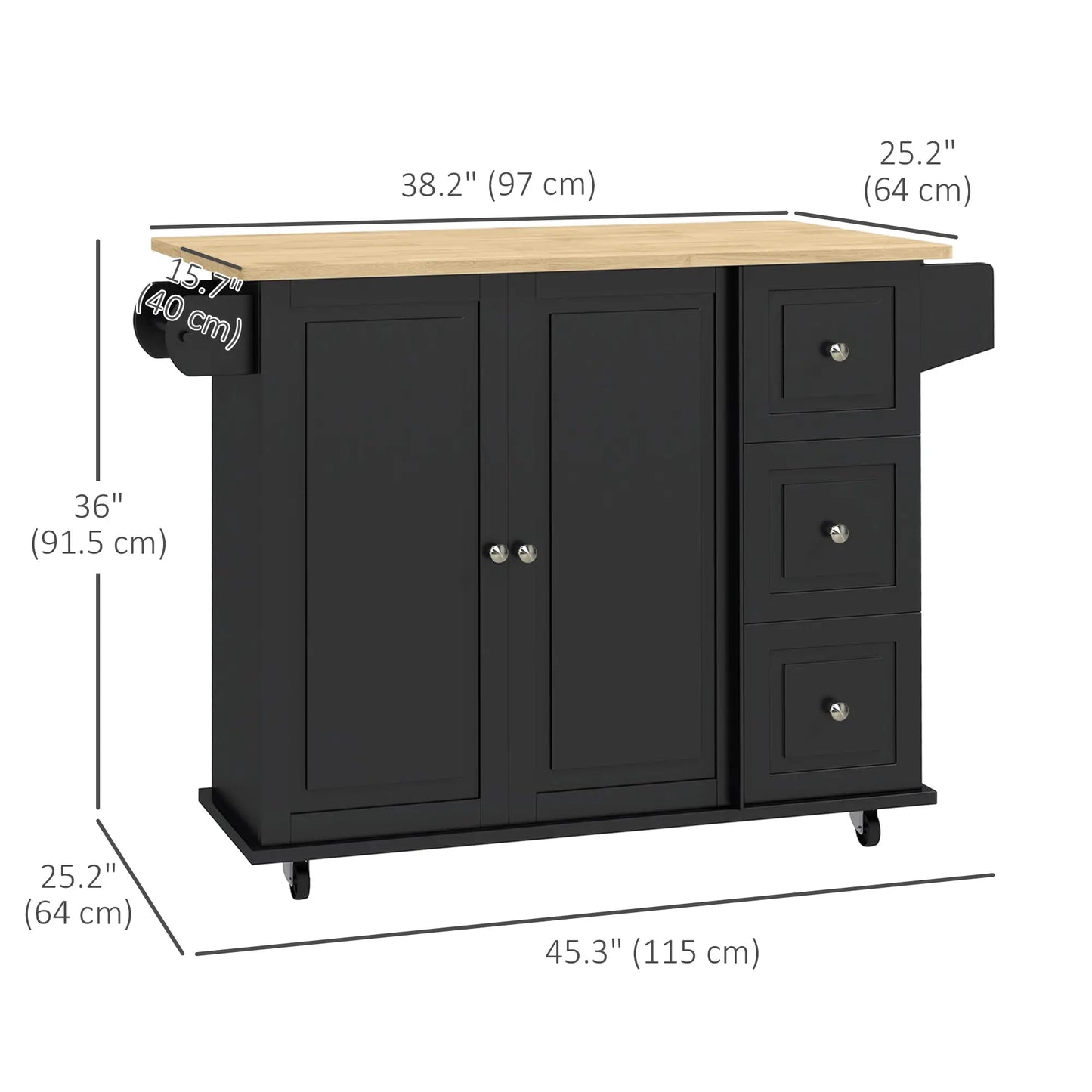Kitchen Island on Wheels, Drop Leaf Cart with Drawers, Black