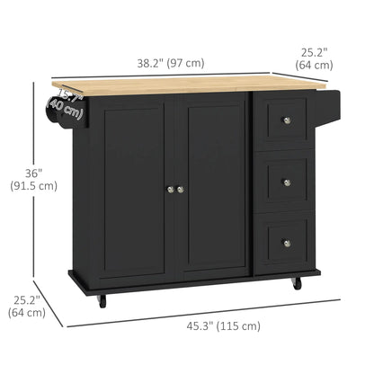 Kitchen Island on Wheels, Drop Leaf Cart with Drawers, Black