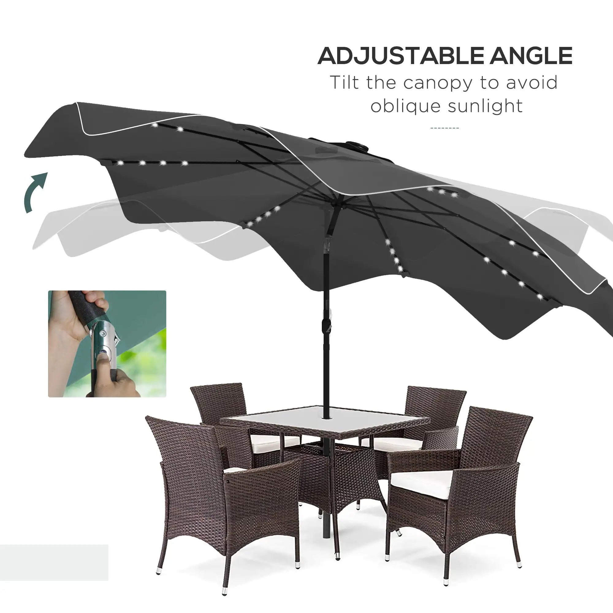Solar Patio Umbrella with LED, Tilt, Crank, 10 x 10 ft, Dark Grey Sun Umbrellas at Gallery Canada