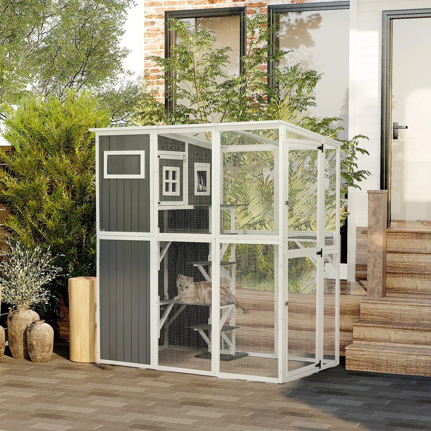 Wooden Cat Catio, 66.5"L Outdoor Cat House, PVC Roof, Multiple Platforms Outdoor Cat Enclosures at Gallery Canada