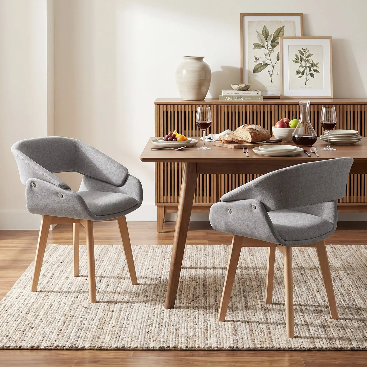 Linen Fabric Dining Chairs Set of 2, Light Grey