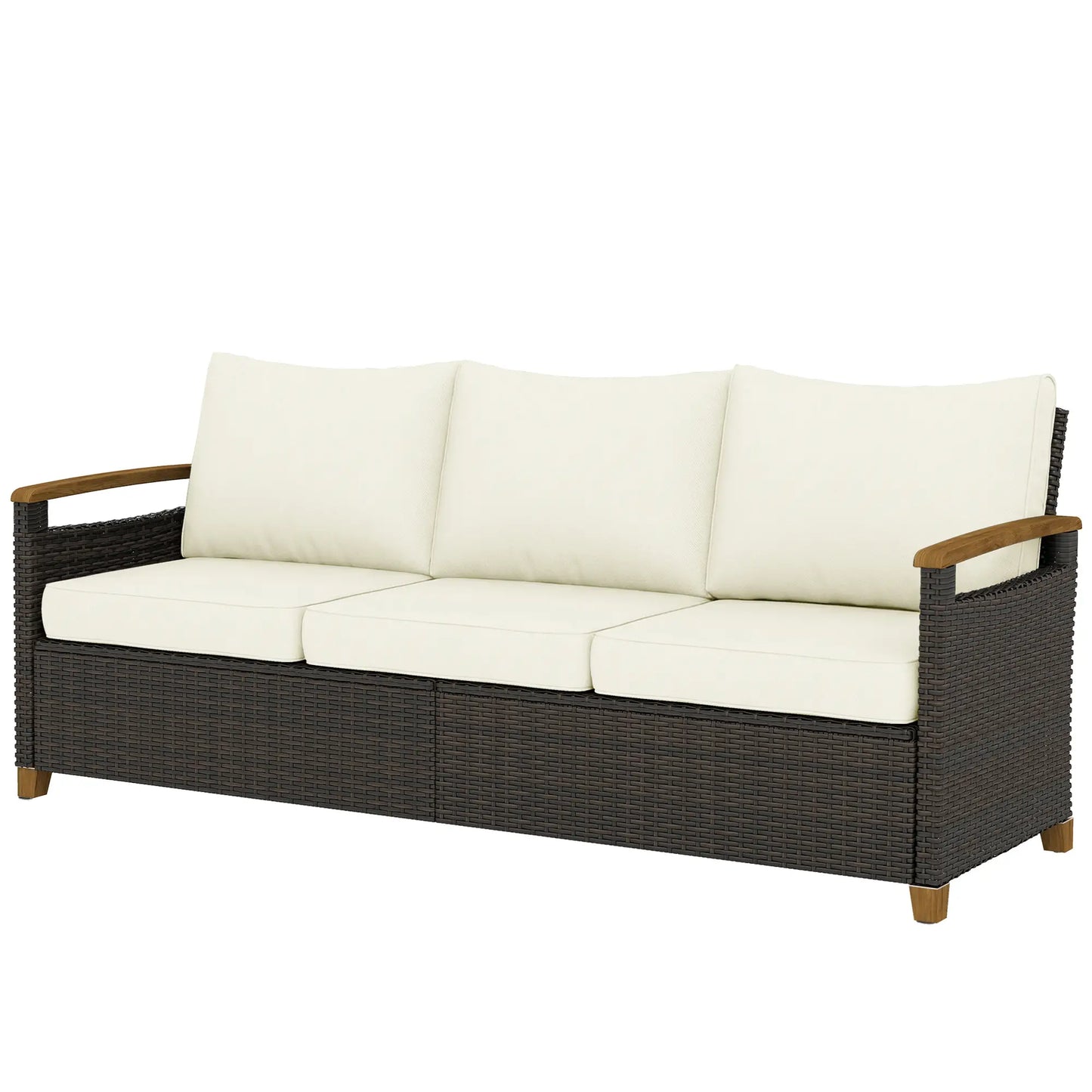3 Seater Outdoor Sofa, PE Wicker Patio Furniture, 4" Cushions, Cream White Patio Furniture Sets Brown, Cream White at Gallery Canada