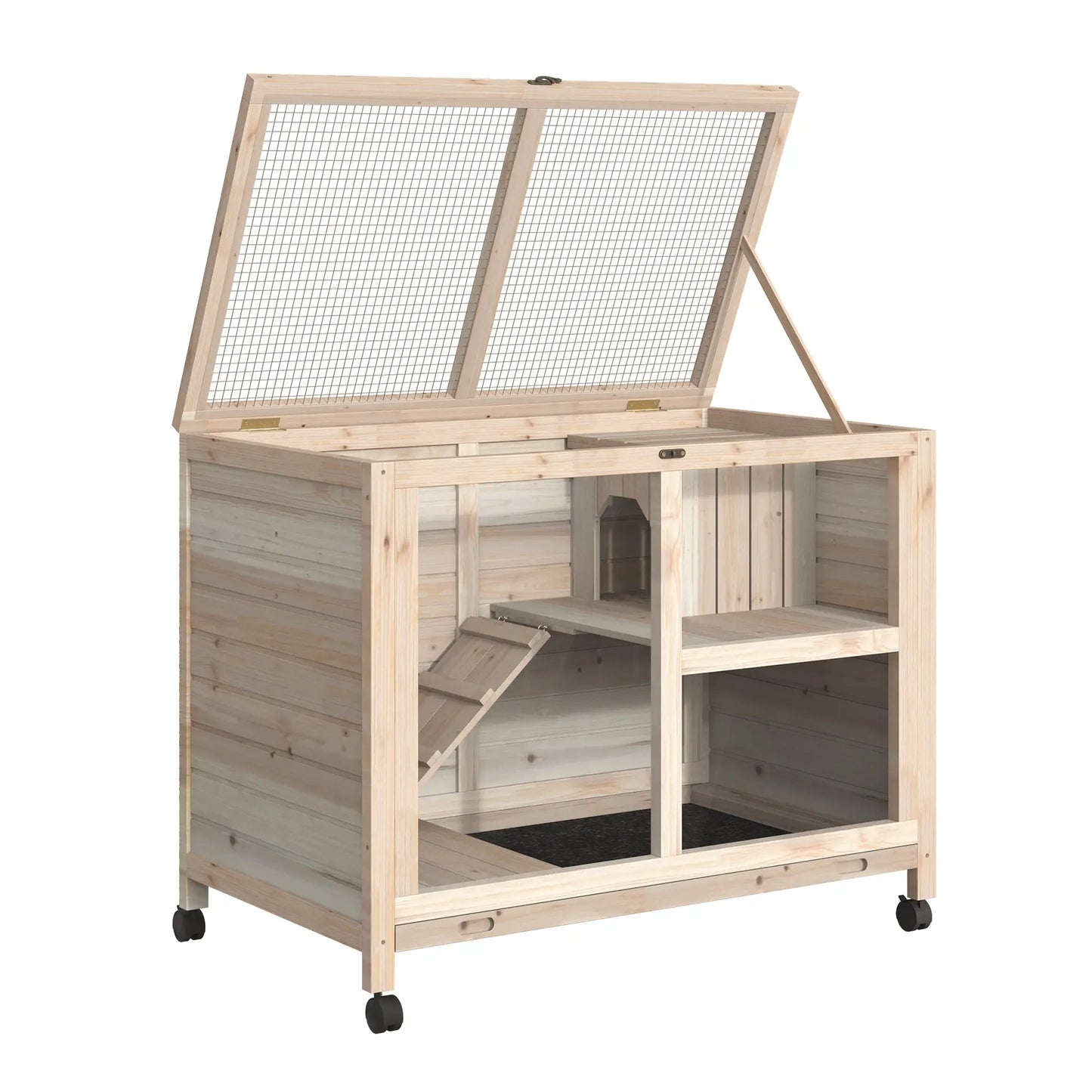 Indoor Rabbit Hutch with Wheels, Guinea Pig Cage, Top Access, Ramp, Pull Out Tray, Natural Wood Rabbit Hutch at Gallery Canada