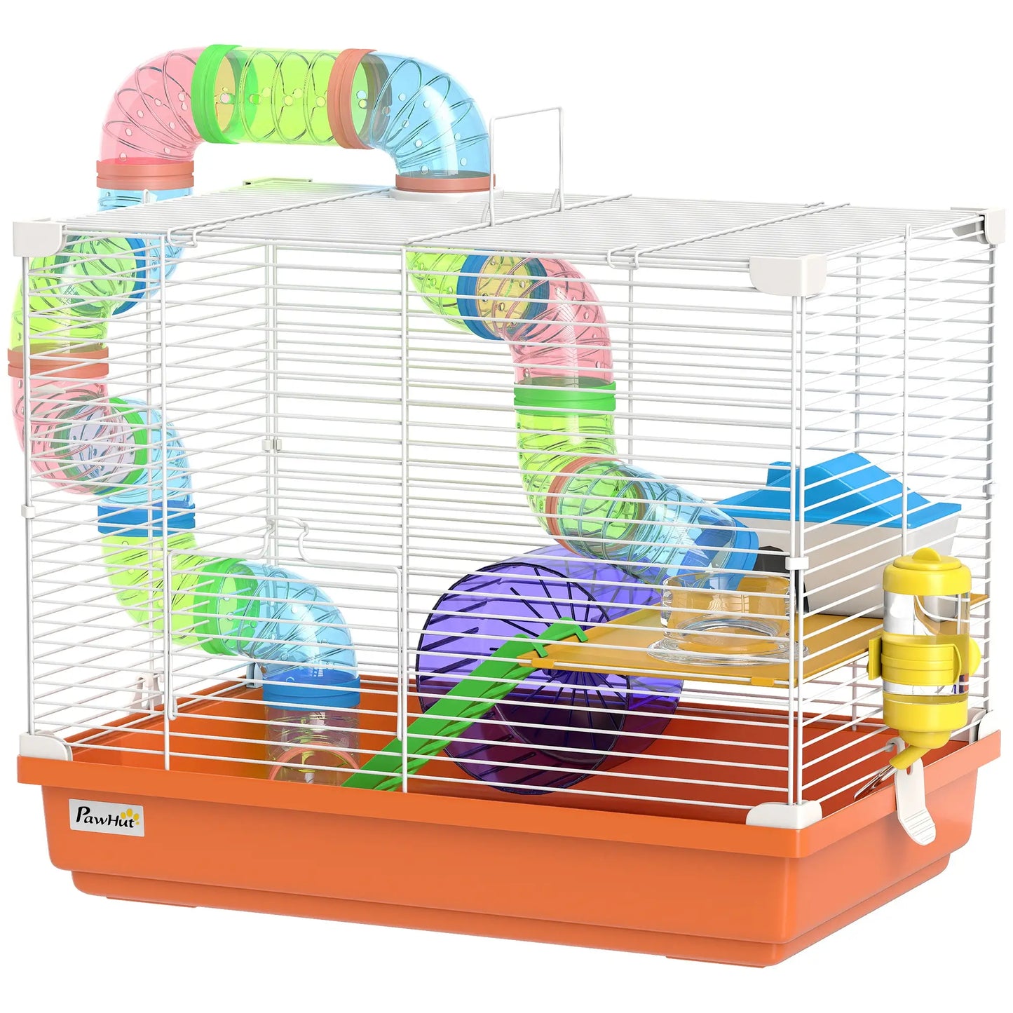 18"L Hamster Cage, 2-Level Small Animal House With Tube System, Orange