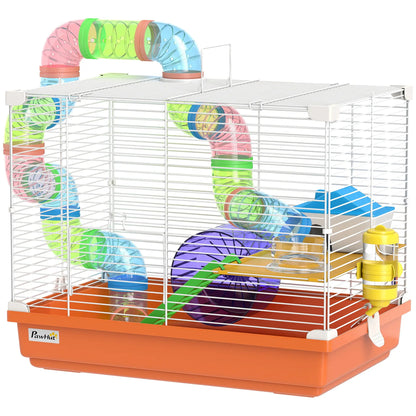 18"L Hamster Cage, 2-Level Small Animal House With Tube System, Orange