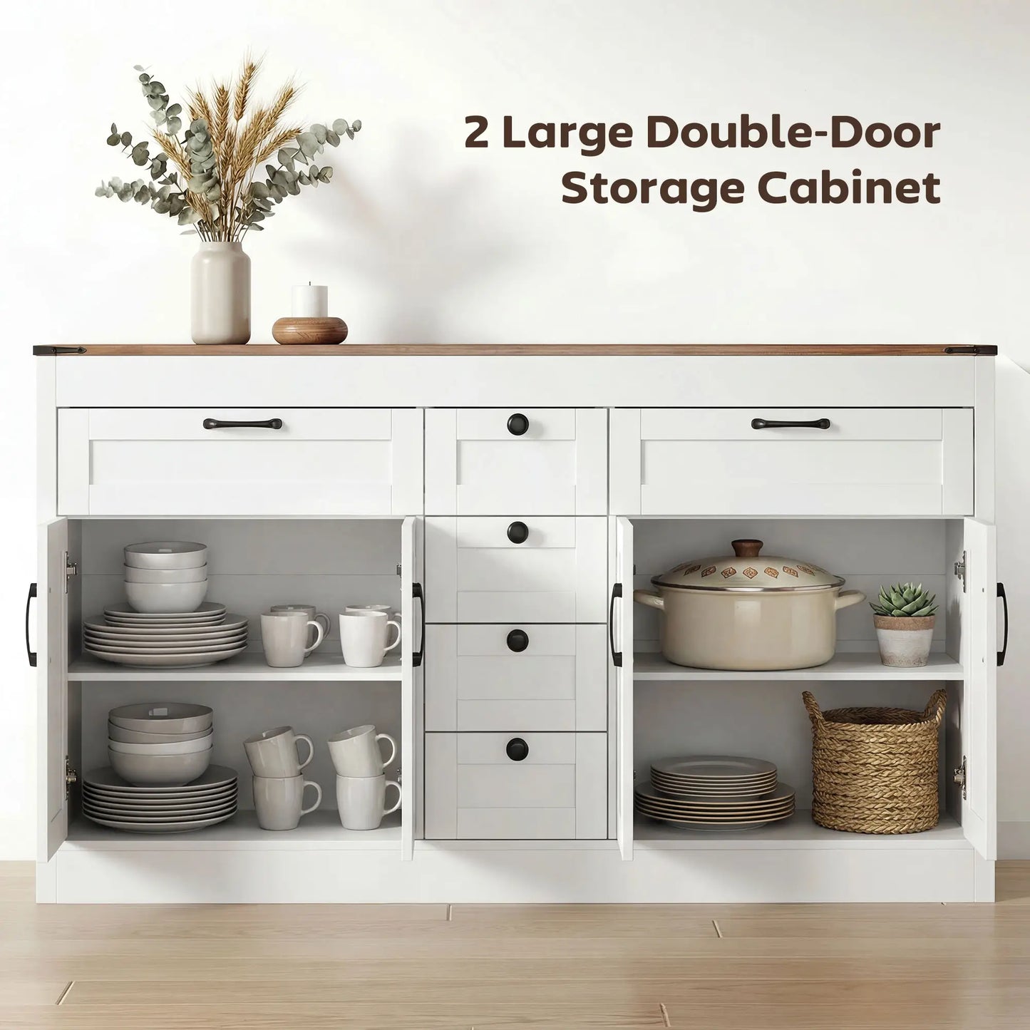 55" Sideboard Buffet Cabinet, Farmhouse Kitchen With Barn Doors, White Bar Cabinets at Gallery Canada