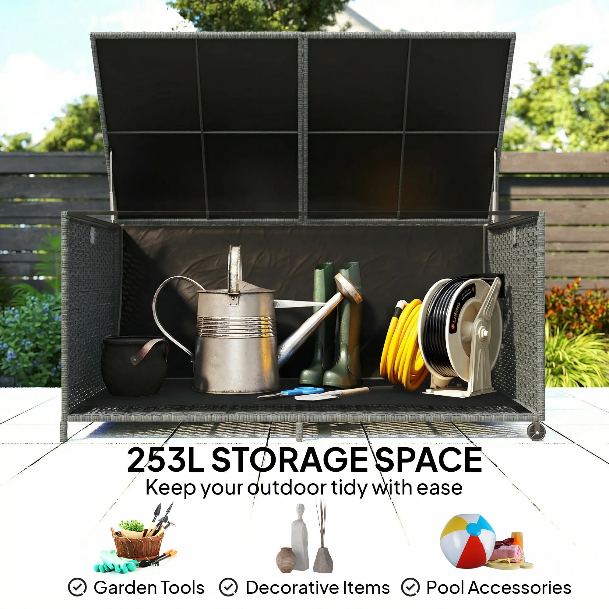 162 Gallon Rattan Deck Box With Wheels, Waterproof Zippered Liner, Pneumatic Rod Patio Storage Boxes at Gallery Canada