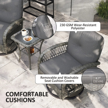 Wicker Balcony Furniture, 3 Piece Patio Set, 2 Swivel Rocking Chairs, 2-Tier Glass Coffee Table, Grey Bistro Sets at Gallery Canada