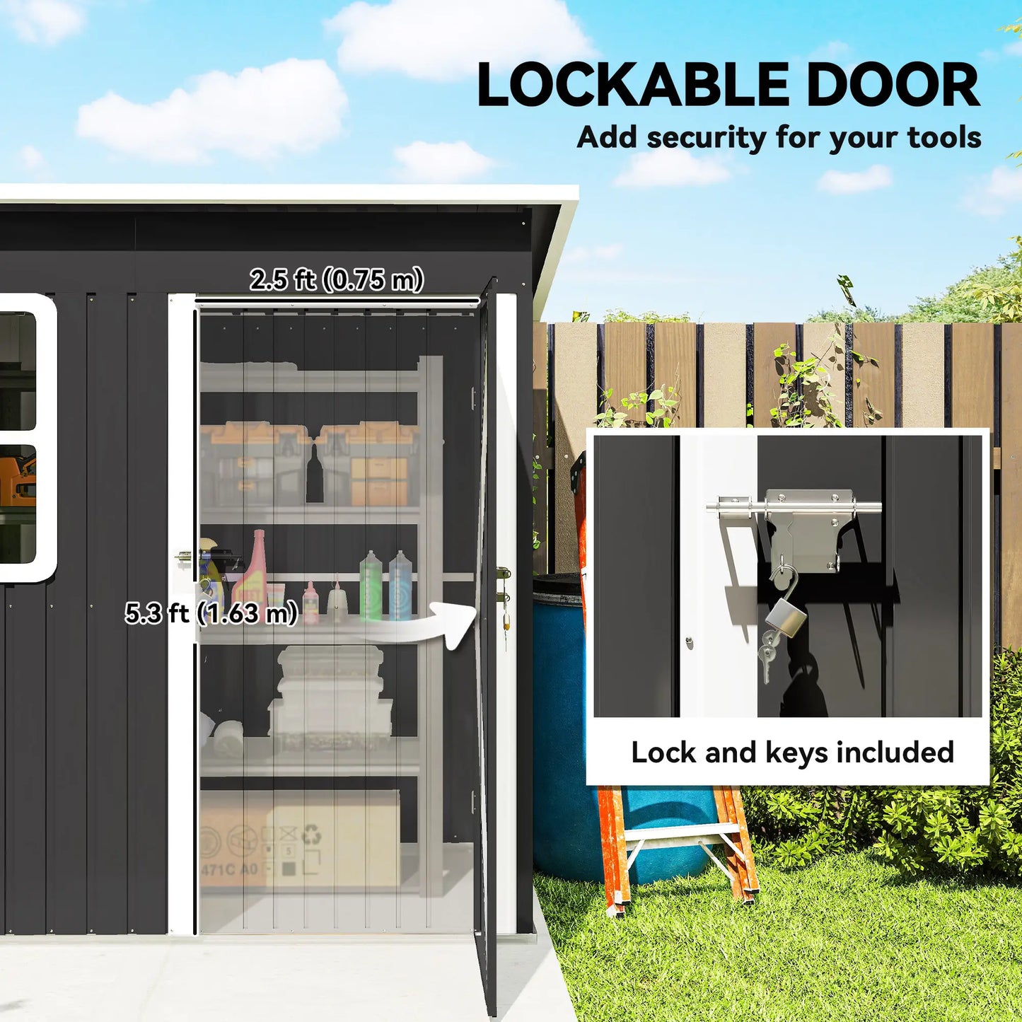7' x 4' Galvanised Steel Outdoor Storage Shed, Window, Lockable Door, Dark Grey Sheds at Gallery Canada