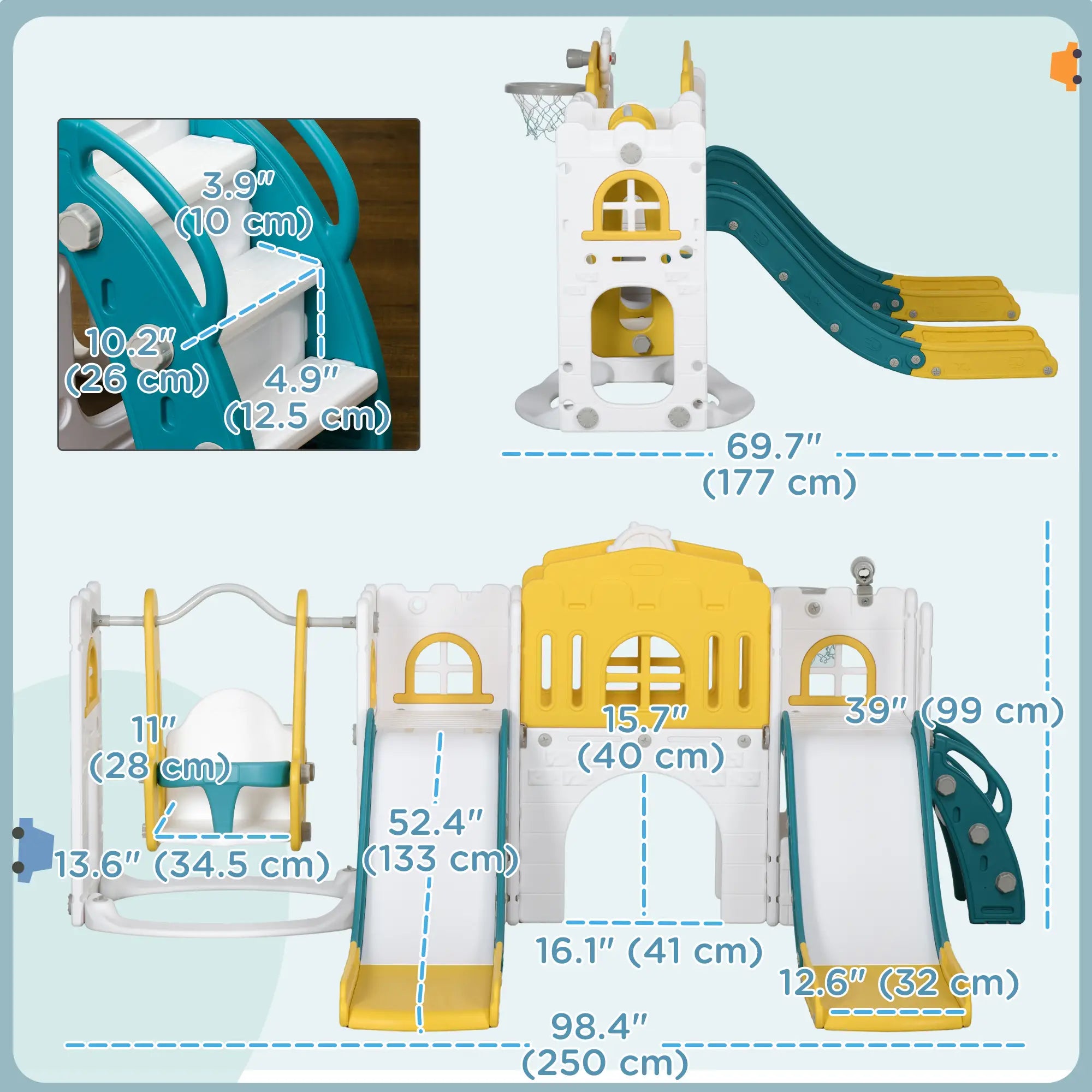 8 in 1 Slide Swing Set, Baby Swing with Basketball Hoop, Climber, Steering Wheel, Ages 1-3, Yellow Gym Sets & Swings at Gallery Canada