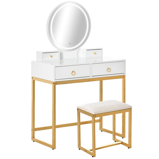 Makeup Vanity Table Set with 3-Color Touch Screen Dimmable Lighted Mirror, Dressing Desk with 4 Drawers and Cushioned Stool for Bedroom, White - Gallery Canada