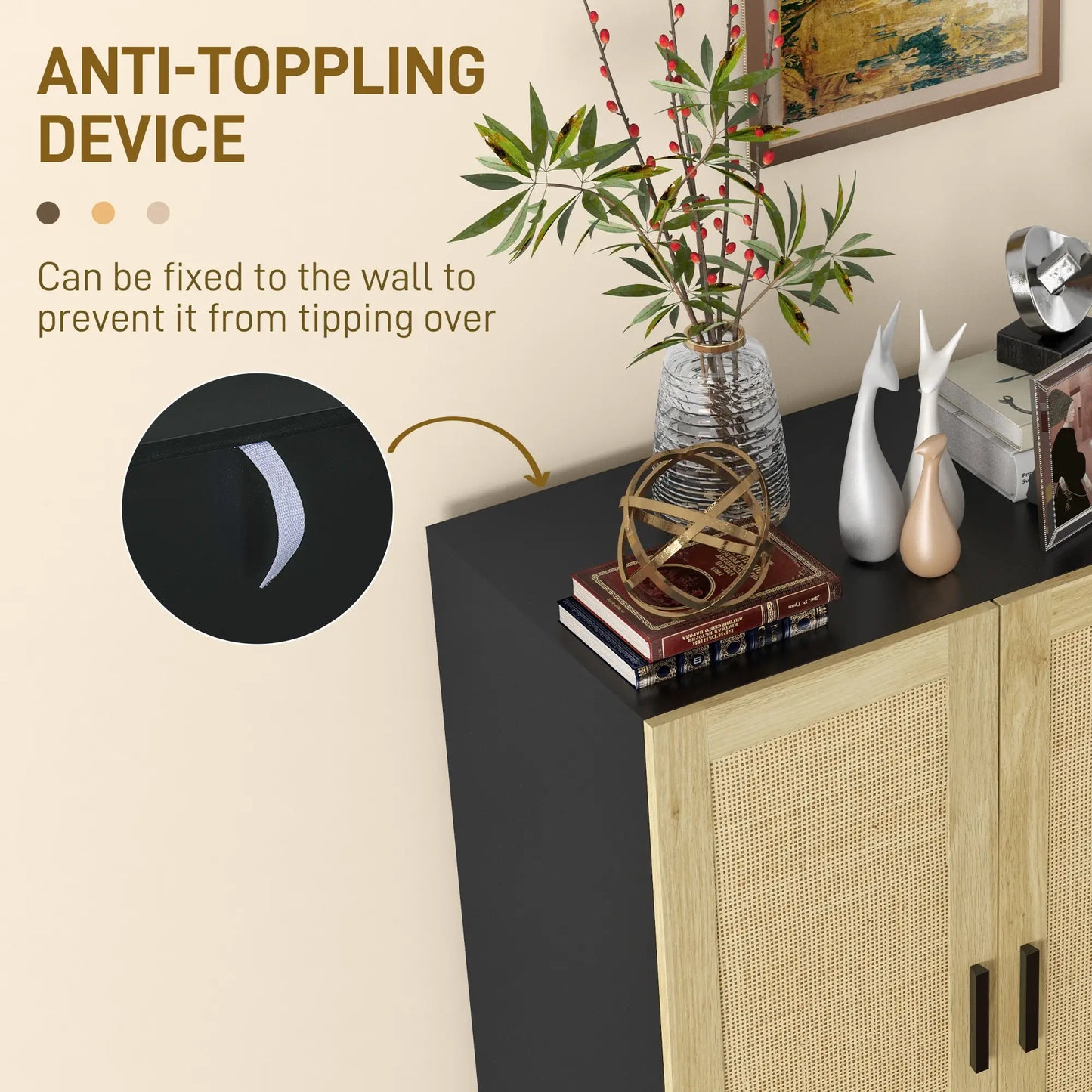 Boho Sideboard, Buffet Cabinet with Storage, 2 Rattan Doors, Black Storage Cabinets at Gallery Canada