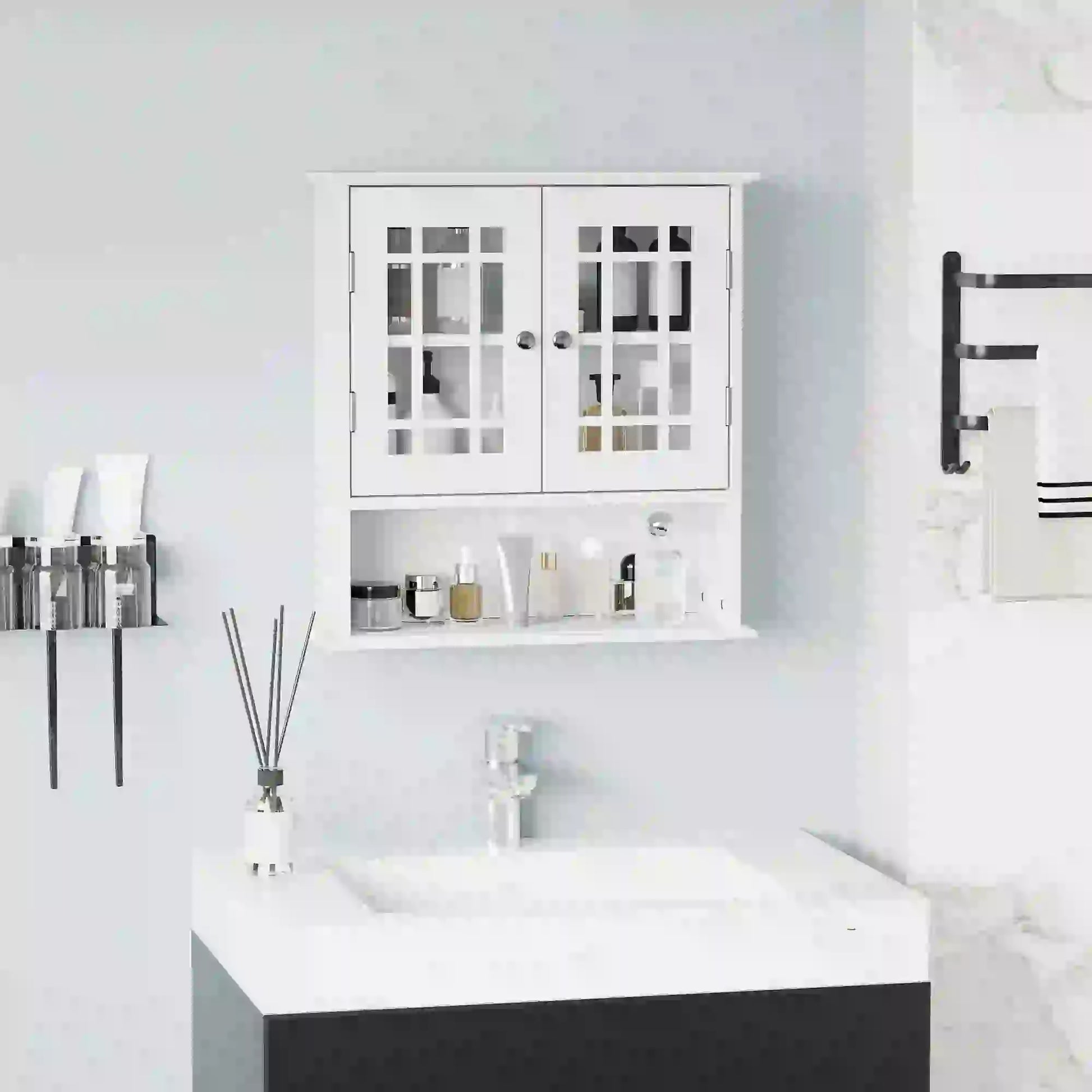 Modern Wall Mount Bathroom Cabinet, Storage Organizer with 2 Door Cabinet and Open Shelf, White Wall Mounted Cabinets at Gallery Canada