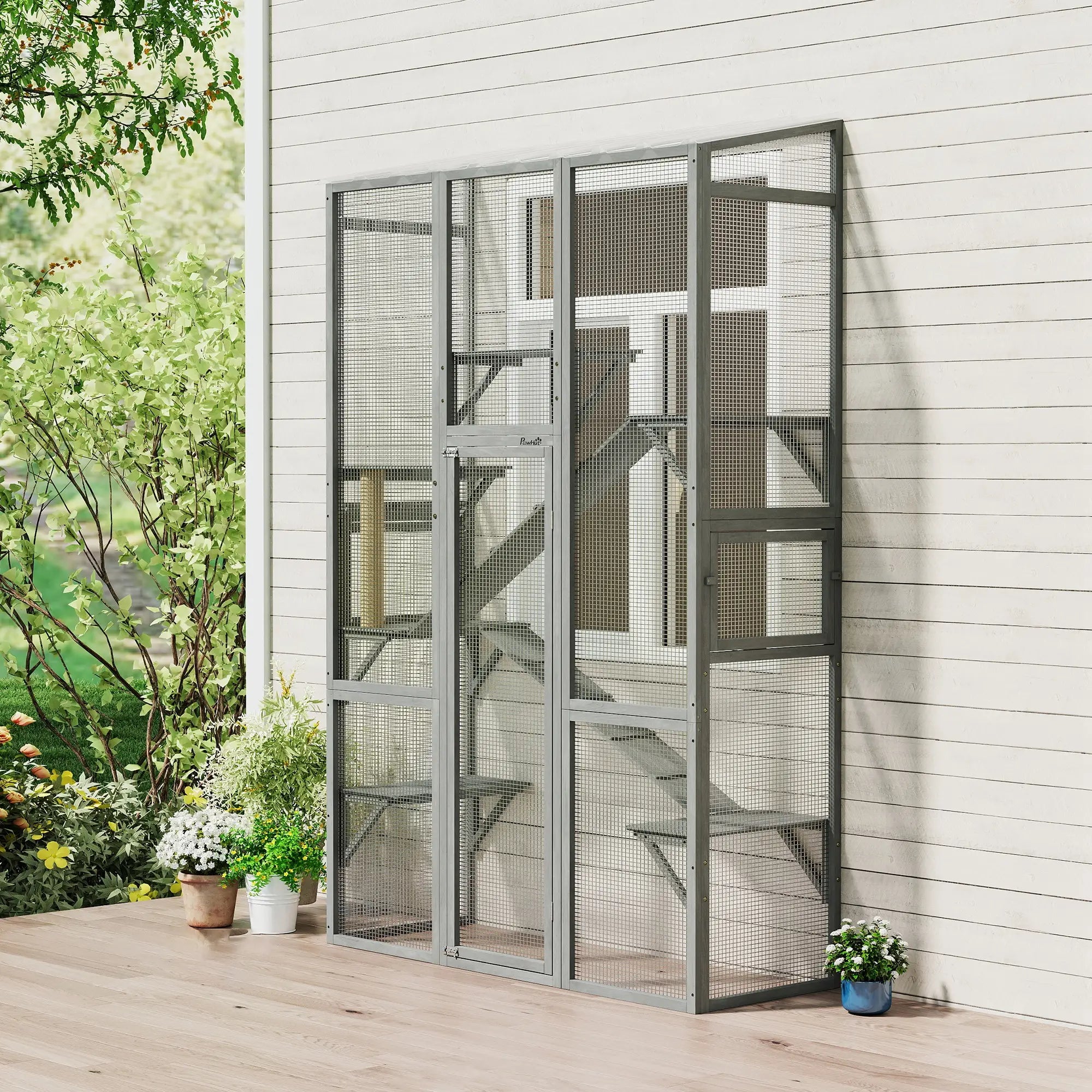 Wooden Catio Outdoor Cat Enclosure, 6 Jumping Platforms, Scratching Post, 2 Ramps, Waterproof Roof, Grey Outdoor Cat Enclosures at Gallery Canada