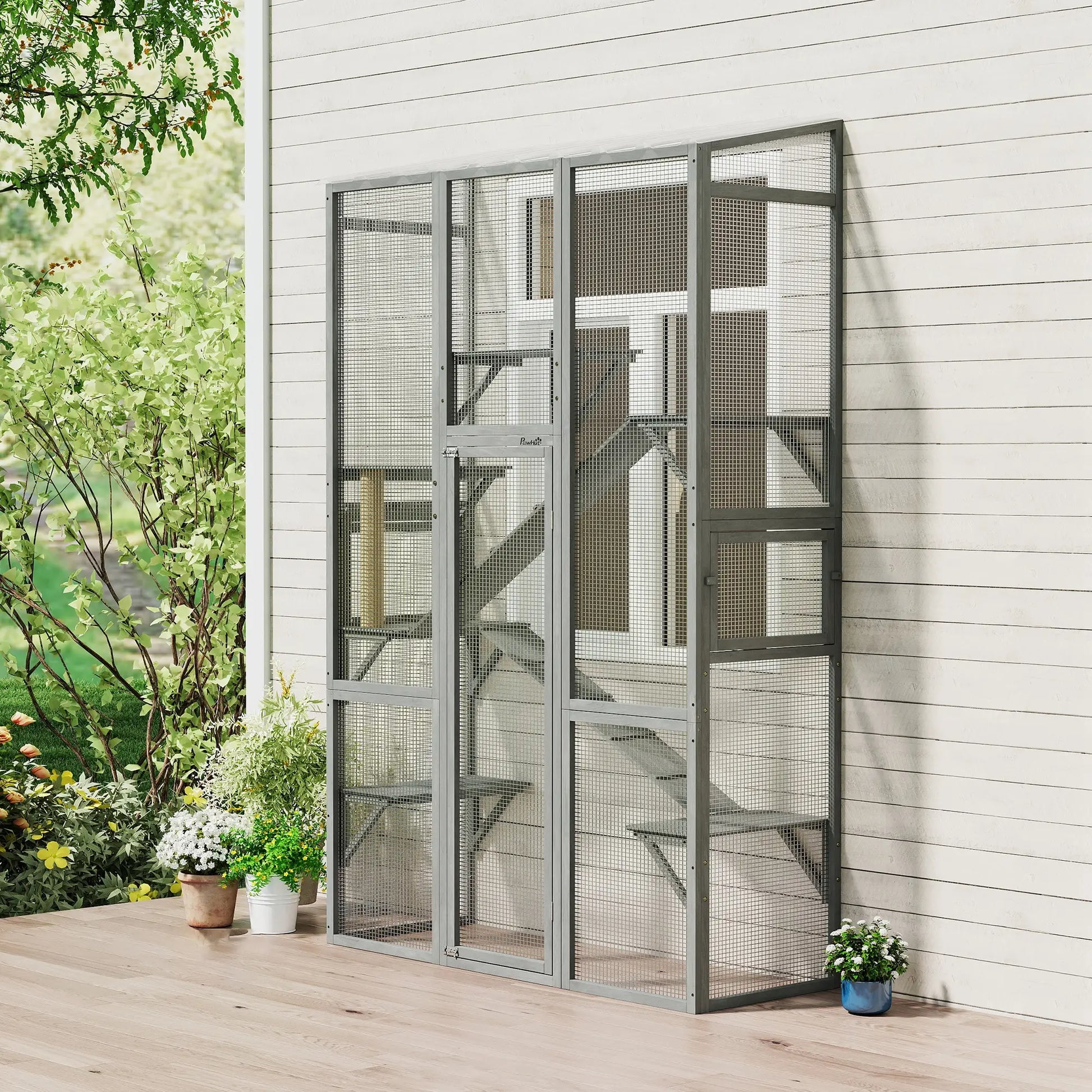 Wooden Catio Outdoor Cat Enclosure, 6 Jumping Platforms, Scratching Post, 2 Ramps, Waterproof Roof, Grey Outdoor Cat Enclosures at Gallery Canada