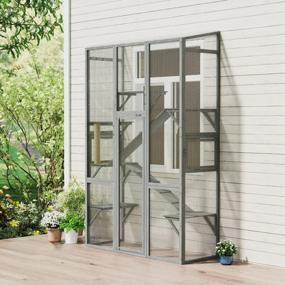 Wooden Catio Outdoor Cat Enclosure, 6 Jumping Platforms, Scratching Post, 2 Ramps, Waterproof Roof, Grey Outdoor Cat Enclosures at Gallery Canada