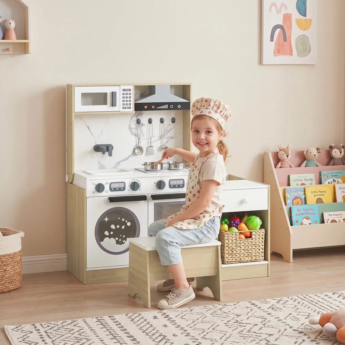2-In-1 Kids Kitchen Playset, Table & Chair with Sink, Oven, Microwave, 3-8 Play Kitchen at Gallery Canada
