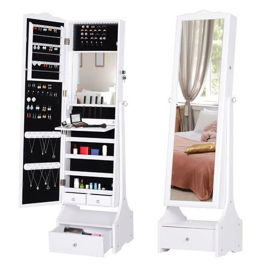 Standing Jewelry Cabinet Organizer, Full Length Mirror, Adjustable Angle, White Jewelry Armoire & Jewellery Mirror Cabinets White at Gallery Canada