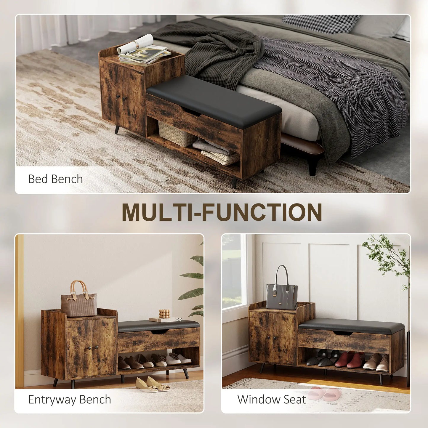 Storage Bench with Cushion, Hidden Compartments, Rustic Brown Shoe Storage Cabinets & Racks at Gallery Canada