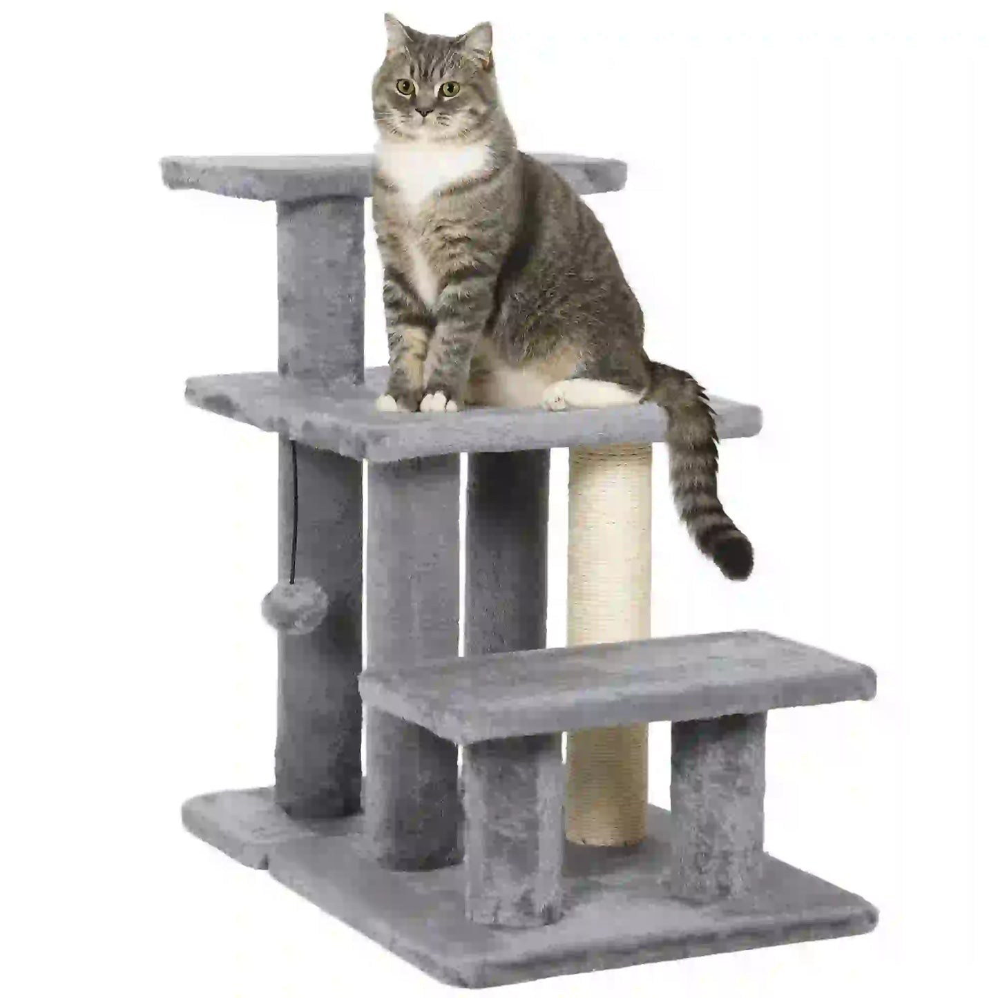 Cat Stairs with 2 Sisal Scratching Posts, Adjustable 3-Tier, Grey Dog Stairs at Gallery Canada