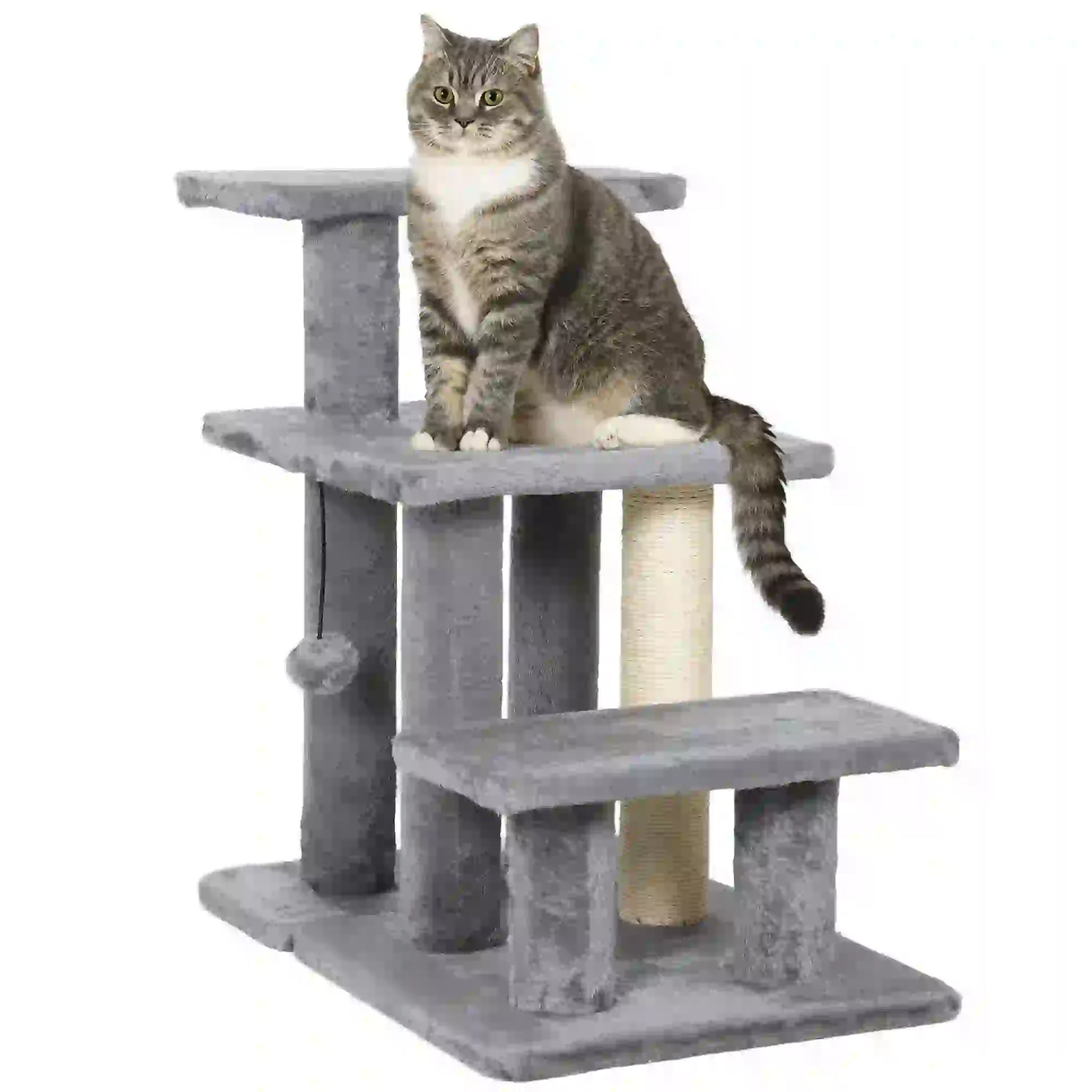 Cat Stairs with 2 Sisal Scratching Posts, Adjustable 3-Tier, Grey Dog Stairs at Gallery Canada