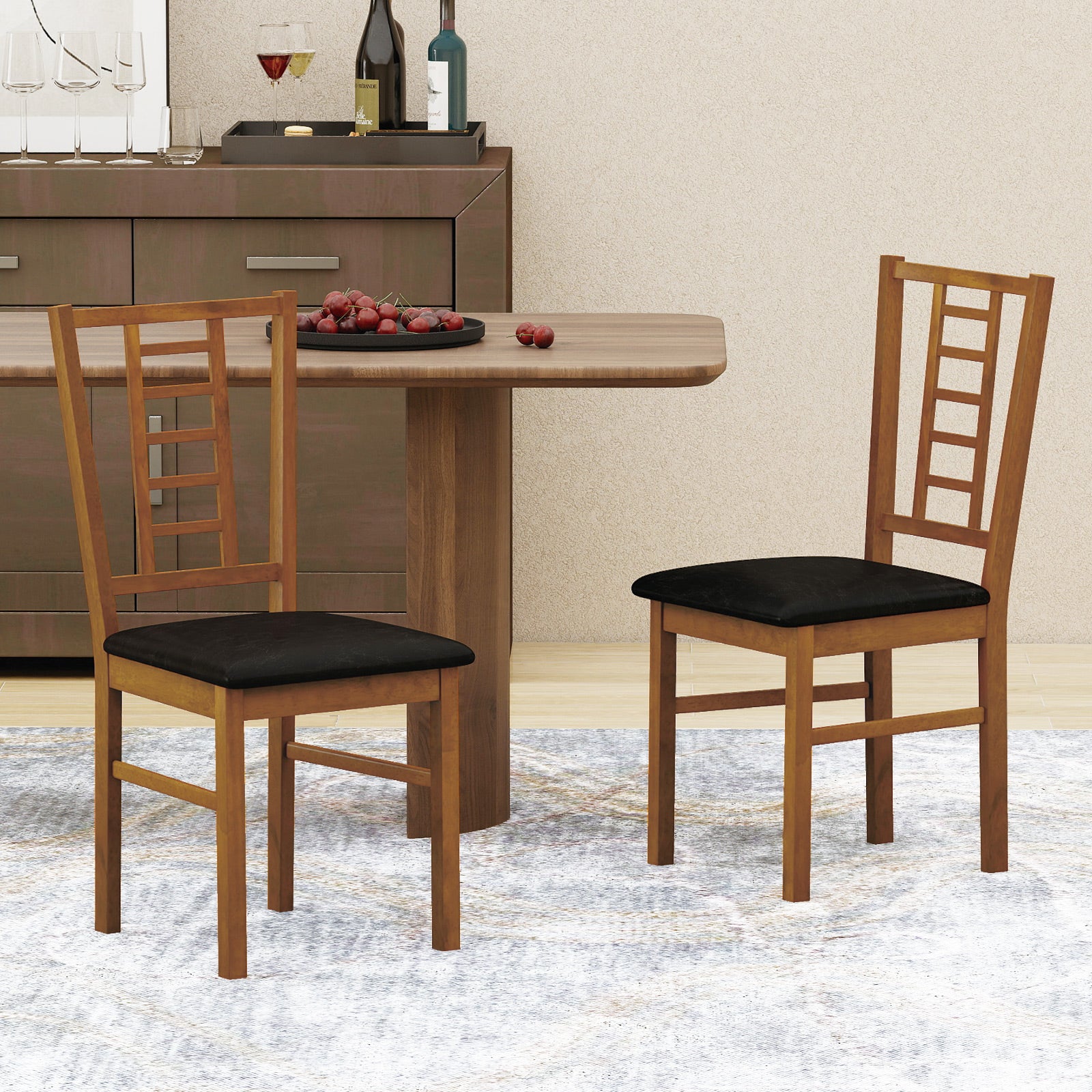 PU Leather Upholstered Wood Dining Chairs Set of 2, Walnut Dining Chairs at Gallery Canada