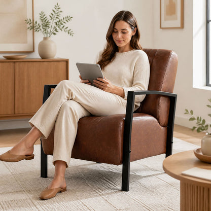 PU Leather Armchair With Padded Seat, Brown