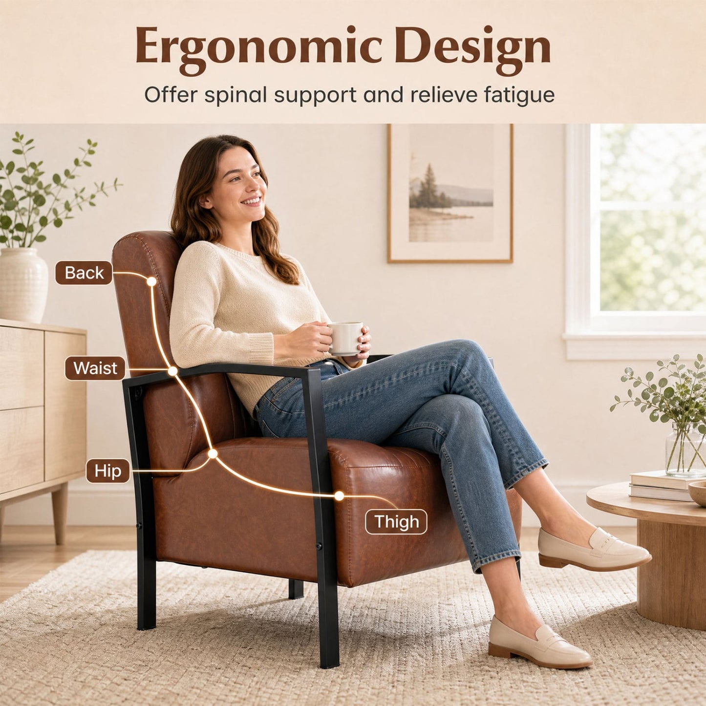 PU Leather Armchair With Padded Seat, Brown