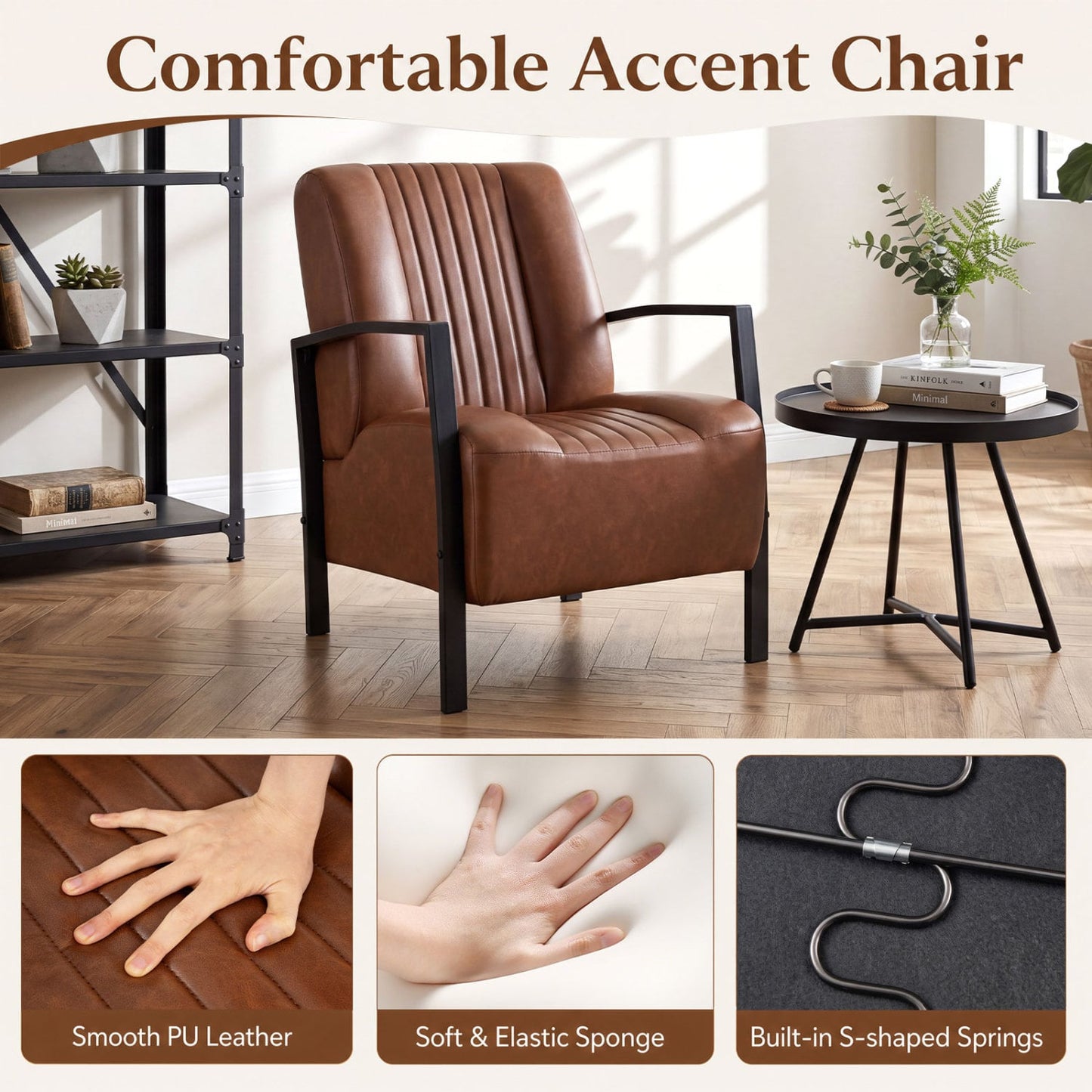 PU Leather Armchair With Padded Seat, Brown