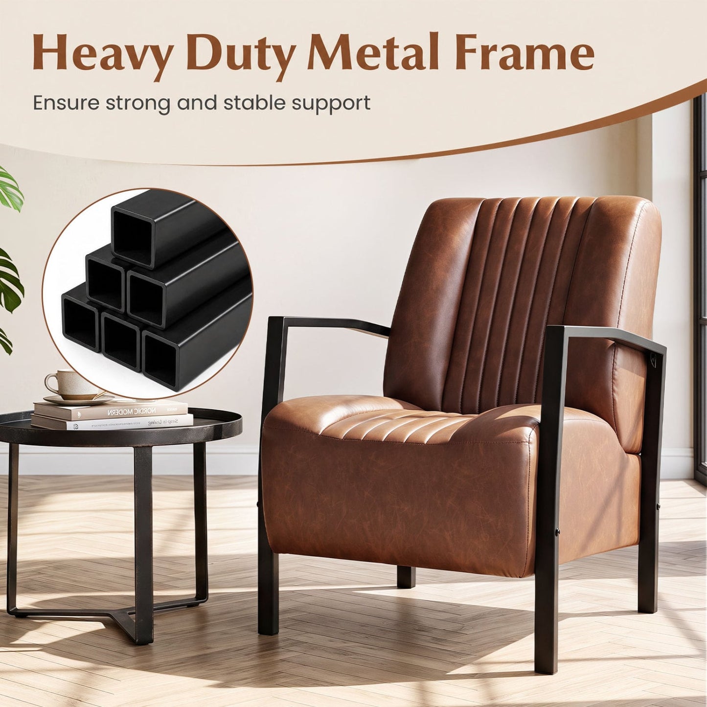 PU Leather Armchair With Padded Seat, Brown