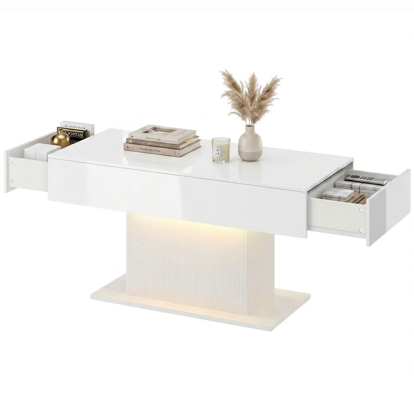 LED Coffee Table with Storage, High Gloss Modern Center Table with 2 Drawers and Remote Control for Living Room, White